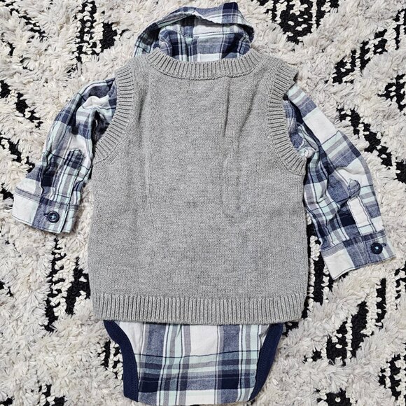 Cat & Jack Baby Boy Plaid ButtonUp Long Sleeve Bodysuit & Gray Sweater Vest 3-6M - Picture 3 of 4